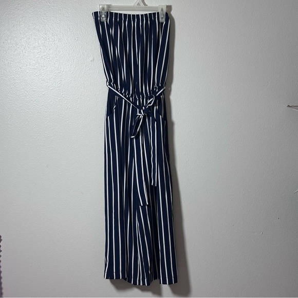 Papaya Women's Blue/white Stripe Jumper Crop Palazzo Strapless Belted Small - Picture 1 of 8